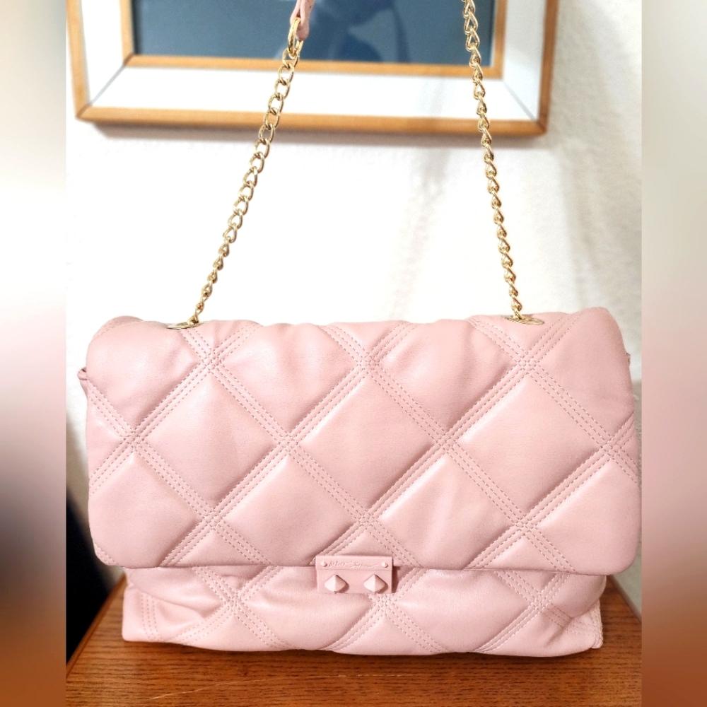 BETSY JOHNSON Pink Quilted Flap Over with 3 compartments. Excellent Condition!